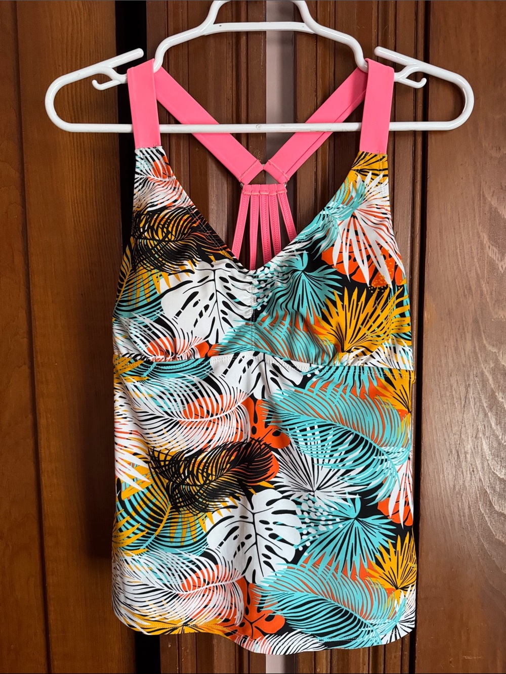 Tropical Print Tankini Top with Pink Straps